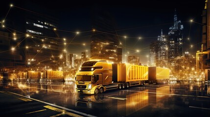 Fototapeta premium Transportation and logistics technology. Global business logistics import export and container cargo truck on highway, transportation industry concept.