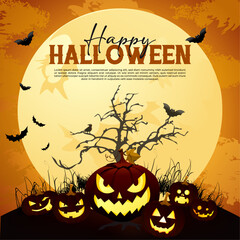 Happy Halloween post  background with pumpkin and bats
