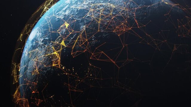 3D Render of Earth With Orange Satellite Trails, Communication, Connected Signals, Digital Signals, Global Coverage