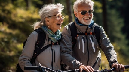 Active senior couple cycling outdoors on a road in nature. Travel cycling activity during their active retirement.