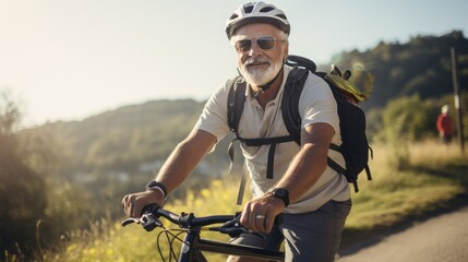 Active senior man cycling outdoors on a road in nature. Travel cycling activity during their active retirement. - obrazy, fototapety, plakaty