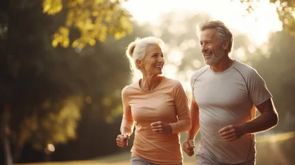 Deurstickers Happy mature senior couple running together in the park, Jogging slimming exercises. Workout activity during their active retirement. © Oulaphone