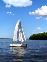 Photo of beautiful white sailing boat small yacht with sail on a summer day on the Volga river - 658019690
