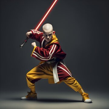 jedi hiphop boy skinhead wearing red and yellow and white track suit holding lightsaber full body full tall cool warrior pose realistic studio lighting 8k hd 