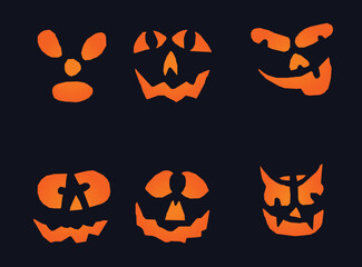 Vector scary and funny halloween pumpkin faces and grimaces. ghost silhouette. vector illustration isolated