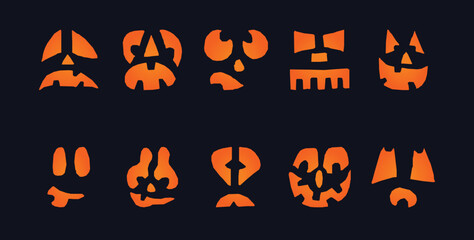 Vector scary and funny halloween pumpkin faces and grimaces. ghost silhouette. vector illustration isolated