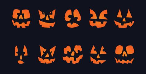 Vector scary and funny halloween pumpkin faces and grimaces. ghost silhouette. vector illustration isolated