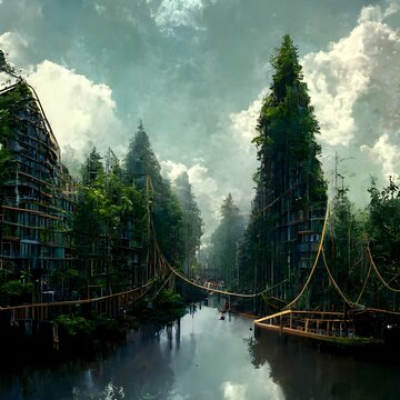 Fototapeta a city made of tree houses in a forest of giant trees conected by rope bridges at many levels very realistic and atmospheric daylight streaming through the trees UHD 