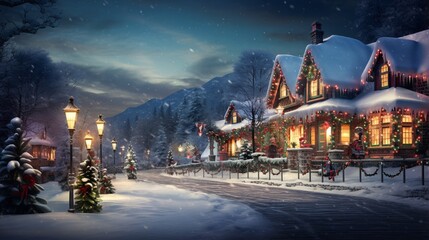 A Photograph capturing the enchanting glow of a snowy Christmas village as vibrant crimson,...