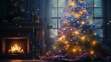 A Photograph capturing the enchanting glow of a Christmas tree adorned with iridescent baubles,...