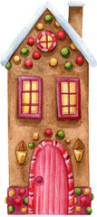 Watercolor illustration of a cute Christmas gingerbread house decorated with colorful sweets.