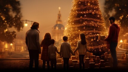 A Photograph capturing the joy of Christmas: Warm golden hues embrace a family gathered around a...