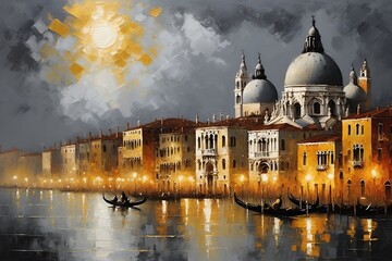 Golden Night View of Venice Modern Oriental-Style Painting on Gray and Gold Canvas