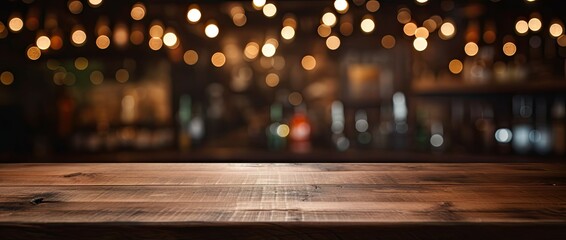 Blurred wooden interior. Cozy cafe scene with empty table. Abstract wood and light. Background for...