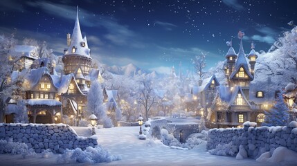 A Photograph showcasing a whimsical, snow-kissed village adorned with twinkling lights, exuding an...