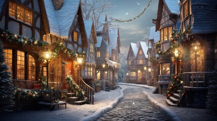 Fototapeta na wymiar A Photograph showcasing a whimsical, snow-kissed village adorned with twinkling lights, exuding an ethereal ambience of joy and wonder .