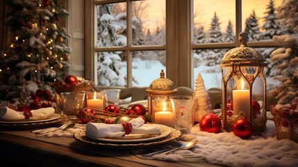 Obraz na płótnie Canvas A Photograph that captures the warmth of Christmas: Soft, golden light filters through a snowy window, illuminating a festive table set with vibrant reds and greens .