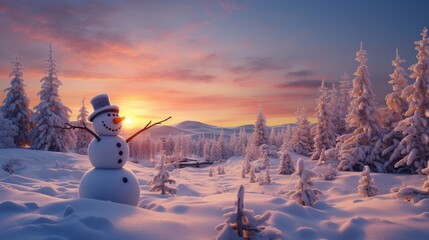 A picturesque winter wonderland with children joyfully building a snowman, surrounded by snow-covered trees and a brilliant sunset casting a warm glow. - obrazy, fototapety, plakaty