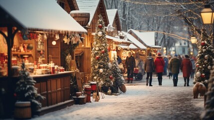A quaint Christmas market with wooden stalls, showcasing an array of handcrafted ornaments,...