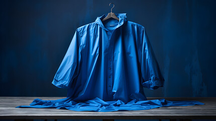 blue raincoat on dark wooden table and blue background