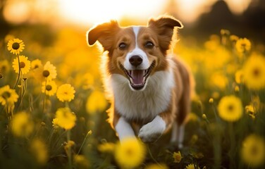 Happy dog running in field at sunset - generated Ai