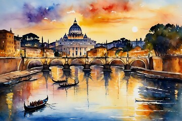 Fototapeta premium St. Peter's Cathedral and Tiber River in Rome Watercolor and Oil on Canvas Artwork