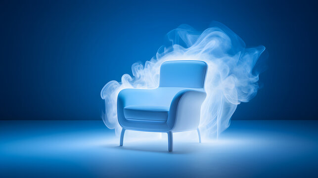 blue armchair sofa covered in smoke with blue background  in the room