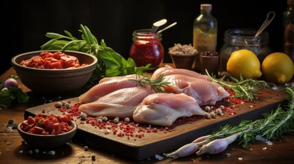Raw uncooked chicken with ingredients for cooking