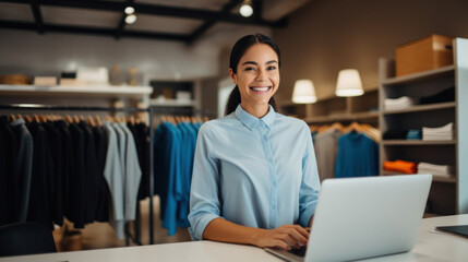 Retail clothing store worker at the checkout counter, working on laptop, business administration - obrazy, fototapety, plakaty