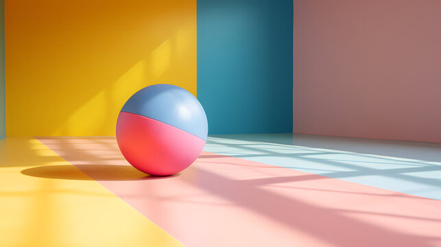 large ball rolling on a colored floor between colored walls