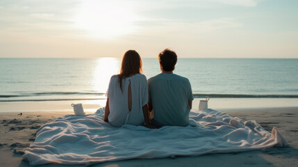 Fototapeta premium couple on the beach, relaxing on picnic blanket, watching the horizon