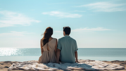 couple on the beach, relaxing on picnic blanket, watching the horizon