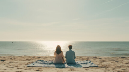Fototapeta na wymiar couple on the beach, relaxing on picnic blanket, watching the horizon
