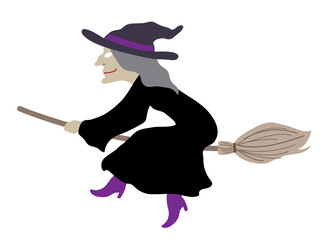Halloween outlined vector illustration element of cute, fun and spooky flying wicked witch in black costume on the broom