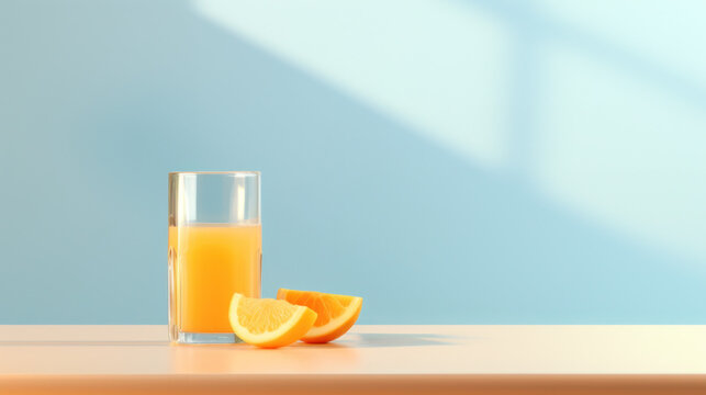 Glass of orange juice, orange wedges, on a blue background