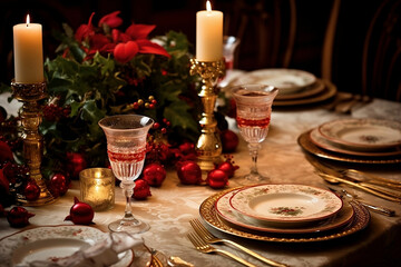 Naklejka premium Christmas table setting with candles, Capturing the Elegance: Exquisite Christmas Dinner Table Settings with Festive Decor, Delicious Dishes, and Warm Candlelight, Christmas.
