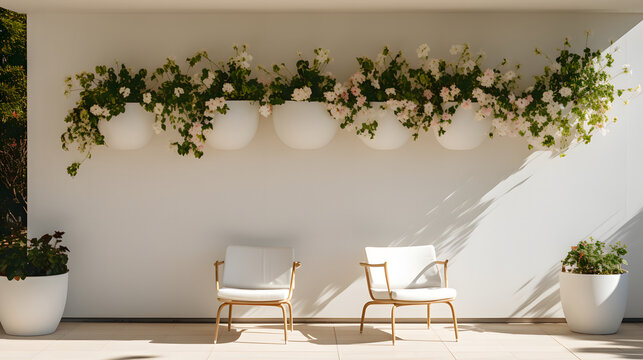 white wall on either side hangs beautiful flower pots and there are chairs underneath