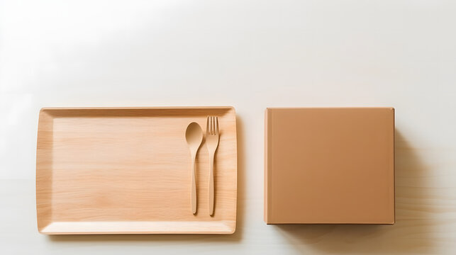 empty box on table with spoon and fork on wooden platform