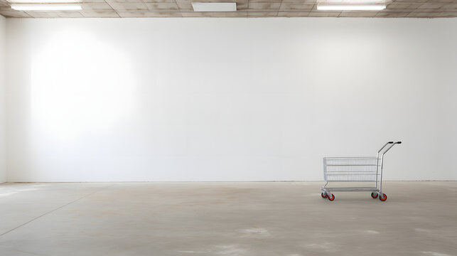 shopping cart on empty white wall background