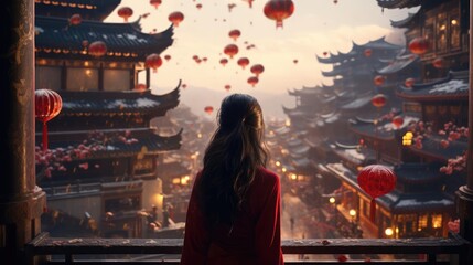 A young woman stands in front of a Chinese building - obrazy, fototapety, plakaty