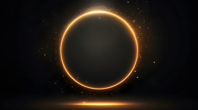 shiny and glowing golden ring flying on dark background with golden glitter sparkle