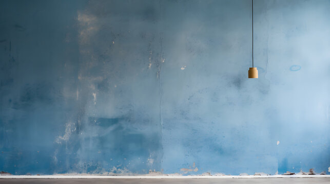 old blue empty wall with hanging lamp
