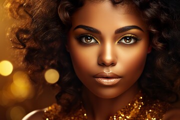 Close-up portrait of African American woman in gold on a golden sparkling background