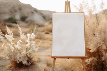 wedding sign on an easel, in the style of modern naturalism, light white and light brown, soft muted tones, serene simplicity