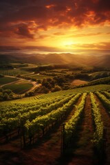 Generative AI Vineyards at sunset. The concept of agriculture and winemaking. Beautiful natural...