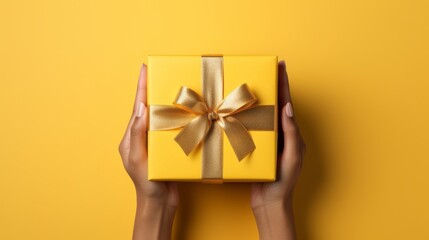 Generative AI Flat lay composition for happy birthday party. Minimalistic greeting card. Women's hands hold a yellow gift box with a satin bow on a yellow background. Top view.