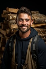 Obraz premium Young man carrying a stack of wooden planks and building materials at a construction site, Generative AI