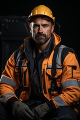 Fototapeta premium Young man in a hard hat and safety vest operating heavy machinery at a construction site, Generative AI