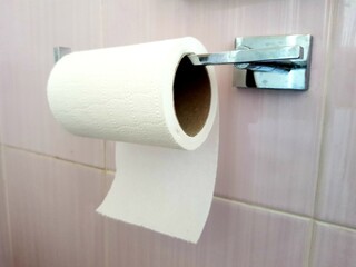 Toilet paper roll on the holder in the bathroom. Hygiene concept
