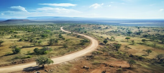Fototapeta na wymiar Green dry savanna road. Generative AI technology. 